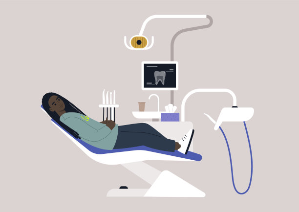 牙科治疗椅和工具，带有x光图像的监视器，钻头和其他器械在口腔医学柜中图片下载