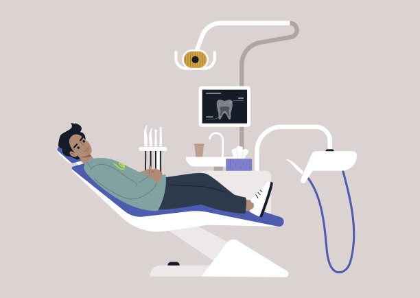 牙科治疗椅和工具，带有x光图像的监视器，钻头和其他器械在口腔医学柜中图片下载