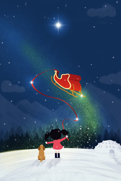插图的小女孩与狗，看如何雪橇飞行。图片下载