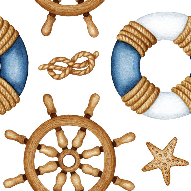 水彩画船舶设备、海洋旅游、海洋生物无缝图案。船舶导航。救生圈，方向盘，绳结，海星。手绘海上背景图片下载