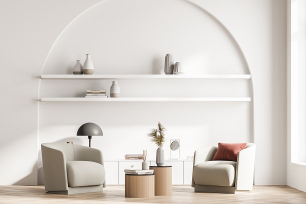 现代客厅内饰有两把扶手椅和壁龛拱形书架、盥洗柜、台灯。阅读和放松的概念。没有人。3 d渲染。图片下载