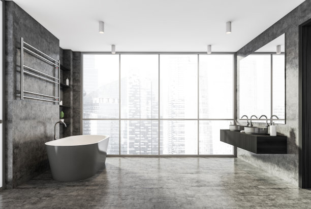 浴室内部有浴缸和水槽，窗户和混凝土地板图片下载