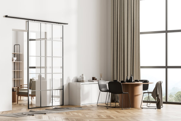 白色的客厅内部配有桌椅，窗户和镶木地板图片下载