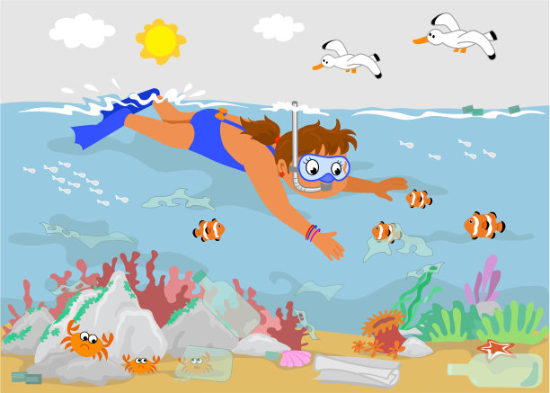 女孩在污染的海里帮助小丑鱼，插图图片下载