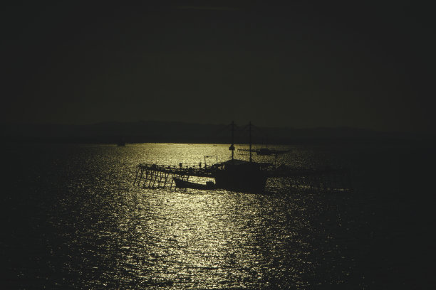 明亮的阳光下，印尼传统的支腿式捕鱼平台的轮廓，拉贾安帕，西巴布亚图片下载