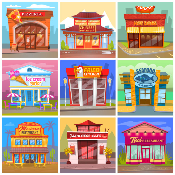 不同的咖啡馆和餐厅立面建筑图片下载
