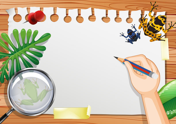 空白纸上的桌面视图与树叶和青蛙元素图片下载