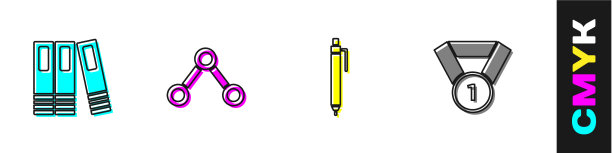 设置办公室文件夹分子笔和奖章图标图片下载