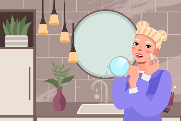 美女在梳妆台上照镜子图片下载