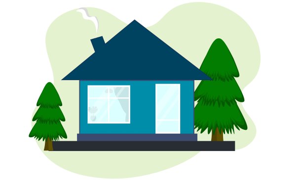 有屋顶的住宅。外观,前视图。房子、住宅、小屋的现代外观。有树的院子在一个乡村住宅，私人财产。卡通风格矢量插图。图片下载