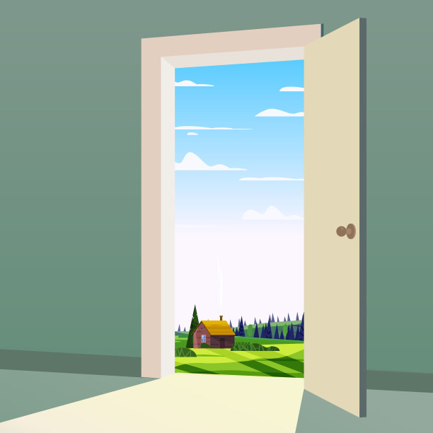 打开通往自然之路的大门。景观山谷象征着自由、新出路、发现、机遇。对现实世界的动机概念。矢量插图卡通风格海报横幅图片下载