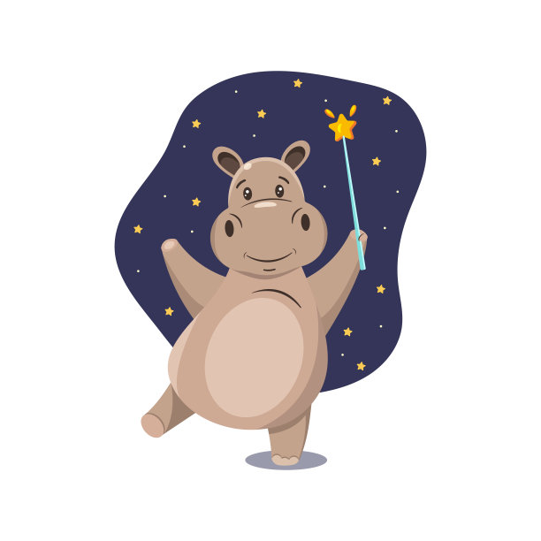 可爱的河马，手里拿着魔杖，微笑着，映衬着繁星点点的夜空图片下载