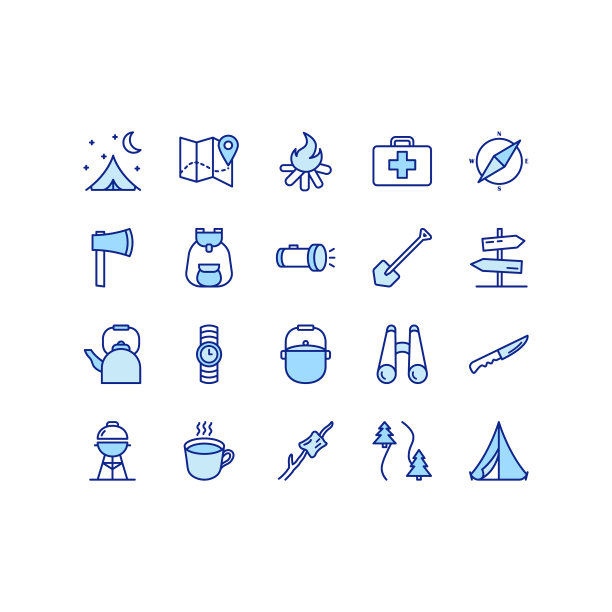 露营，旅行和野餐平面线图标集。帐篷、指南针、登山等露营装备。简单的平面矢量插图，用于商店，网站或移动应用程序。蓝色图片下载