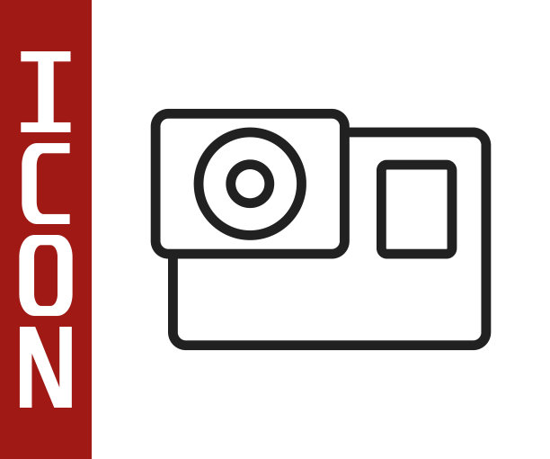 黑线行动极端相机图标孤立在白色背景。拍摄极限运动的摄像机设备。向量图片下载