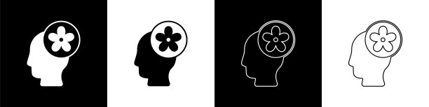 在黑色和白色的背景上设置人头和花里面的图标隔离。向量图片下载