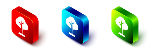 等距树图标孤立在白色背景。森林的象征。红色，蓝色和绿色的方形按钮。向量图片下载