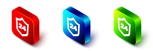 等距电话24小时支持图标孤立在白色背景。全天候客户支持呼叫中心。全职电话服务。红色，蓝色和绿色的方形按钮。向量图片下载