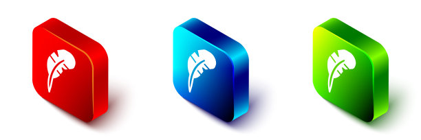 等距羽毛笔图标孤立在白色背景。红色，蓝色和绿色的方形按钮。向量图片下载
