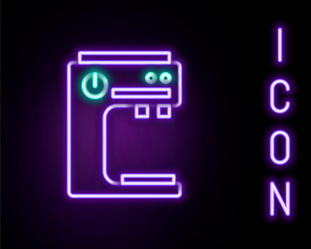 霓虹灯线咖啡机图标孤立在黑色背景。色彩斑斓的轮廓的概念。向量图片下载