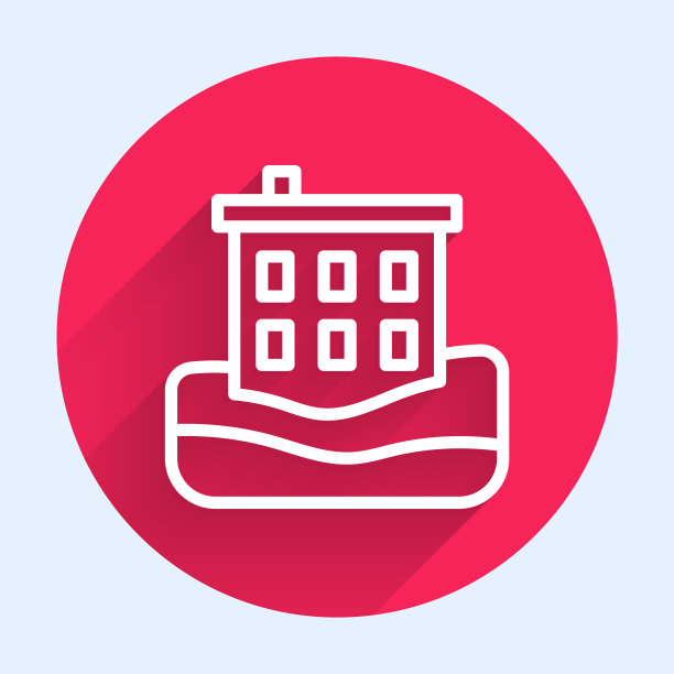 白色线房子洪水图标孤立与长影子。房子被水淹没了。保险的概念。安全、安全、保护、保护理念。红色圆圈按钮。向量图片下载