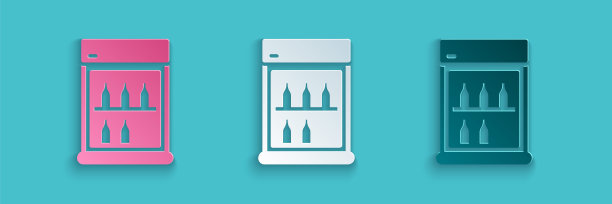 剪纸商业冰箱储存饮料图标隔离在蓝色背景。商店或超市的易腐物品。纸艺术风格。向量图片下载