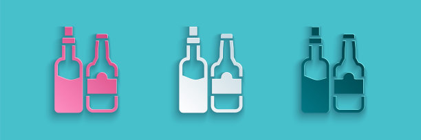 剪纸威士忌酒瓶图标孤立在蓝色背景。纸艺术风格。向量图片下载