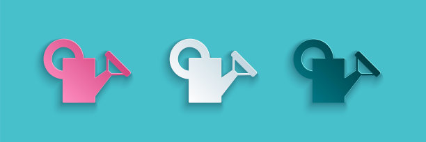 剪纸浇水罐图标孤立在蓝色背景。灌溉的象征。纸艺术风格。向量图片下载