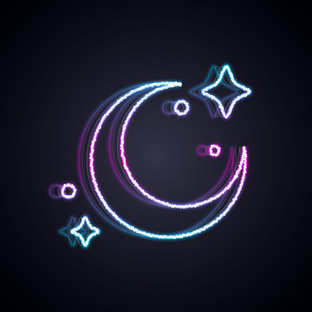 发光的霓虹灯线月亮和星星图标孤立在黑色的背景。向量图片下载
