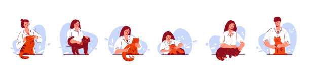 治疗、宠物护理理念。穿着制服的兽医带着一只猫。一套矢量插图在平面卡通风格。图片下载