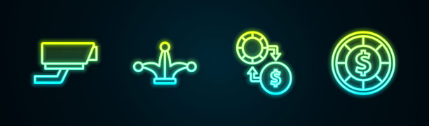 设置线路安全摄像头，小丑牌，赌场筹码兑换和钞票。发光的霓虹灯图标。向量图片下载