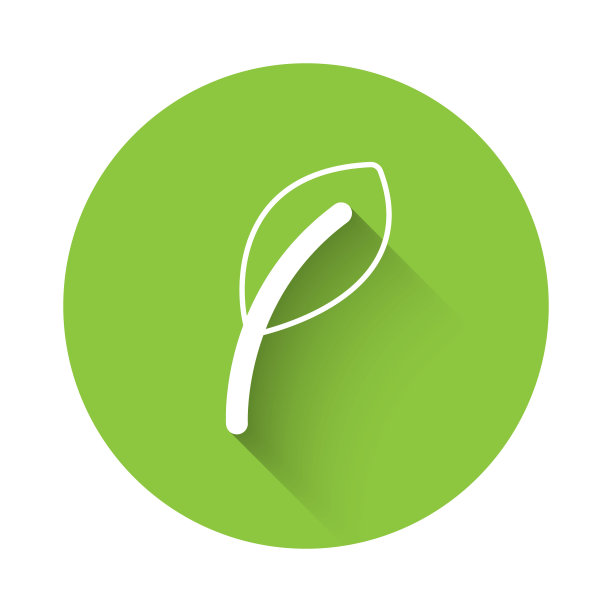 白色叶子图标孤立与长影子。叶子的迹象。新鲜天然的产品标志。绿色圆圈按钮。向量图片下载