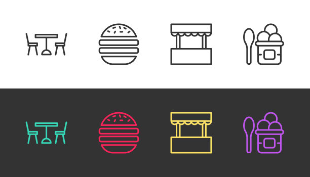 黑白两色，摆上一排野餐桌和椅子，汉堡，售票处和冰淇淋。向量图片下载