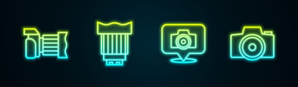 设置线条摄影相机、摄影镜头和。发光的霓虹灯图标。向量图片下载