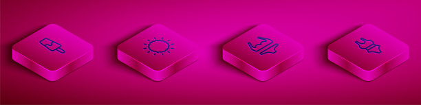 设置等距线冰淇淋，太阳，泳衣和图标。向量图片下载