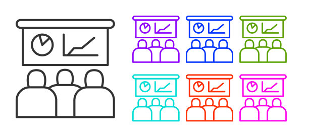 黑线培训，演示图标孤立在白色背景上。设置图标丰富多彩。向量图片下载
