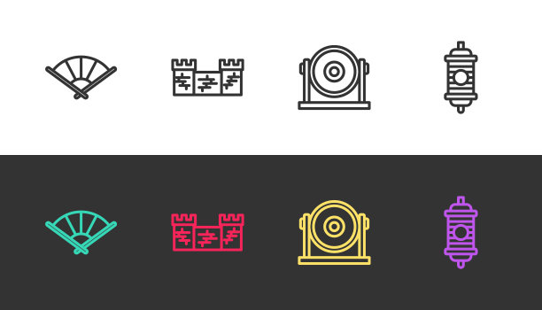 套线中国或日本折扇，中国长城，宫灯和纸上黑白。向量图片下载