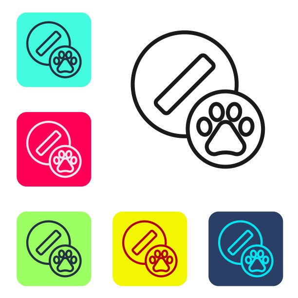 黑色线狗药丸图标孤立在白色背景。给动物用的处方药。设置图标的颜色方形按钮。向量图片下载