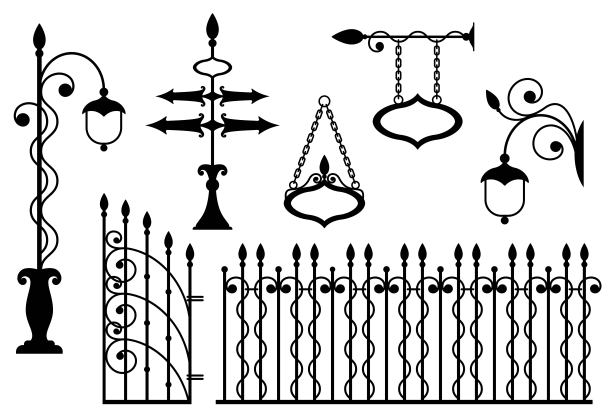 有大门、招牌、指示和灯笼的铁栅栏。孤立。向量图片下载