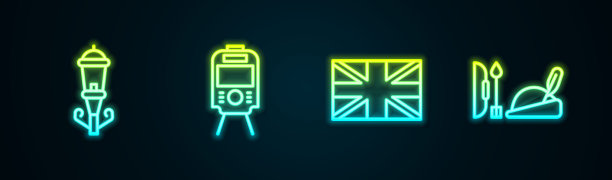 复古街灯，有轨电车和铁路，英国国旗和罗宾汉帽。发光的霓虹灯图标。向量图片下载