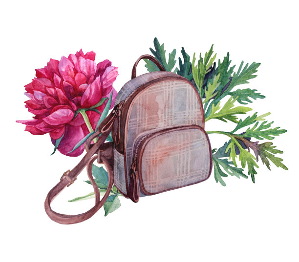 水彩夏日旅行组成背包牡丹和树叶孤立在白色的背景。手绘创意配件对象，学校，商店，贴纸，墙纸，散步，大学，包装图片下载
