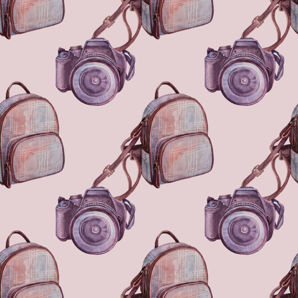 无缝模式的夏季旅游水彩相机和背包在灰色的背景。专业的爱好。手绘创意工具的摄影师，卡片，墙纸，速写簿，包装，纺织品图片下载