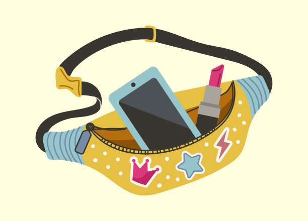 腰袋。有趣可爱的风格配件，快乐的女士现代手袋的便利项目和金钱矢量插图图片下载