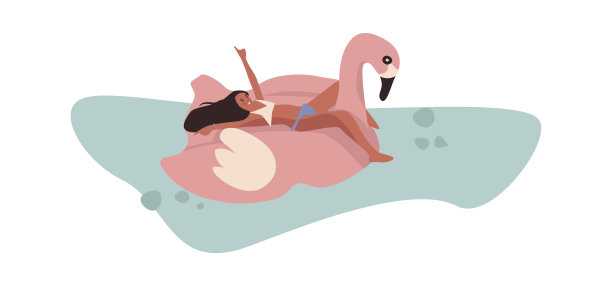 幸福的女人在海边休息。卡通女性角色在火烈鸟粉红色充气床垫上游泳。女孩穿比基尼。年轻的旅行者在海滩上晒日光浴。向量海滨暑假图片下载