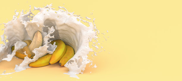几根香蕉放在黄色的背景上，洒上一层牛奶图片下载