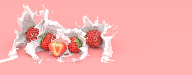 红色背景上的草莓，洒上牛奶图片下载