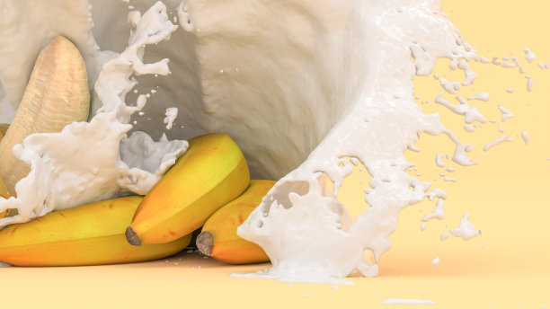 几根香蕉放在黄色的背景上，洒上一层牛奶图片下载
