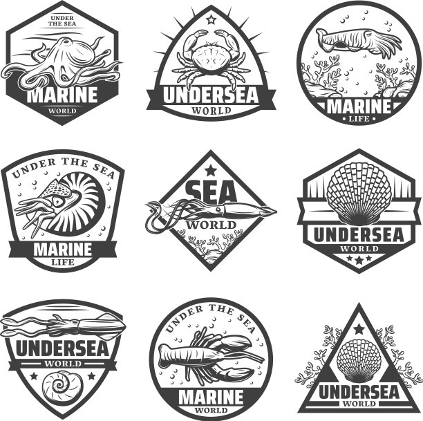 复古单色海洋动物标签集图片下载