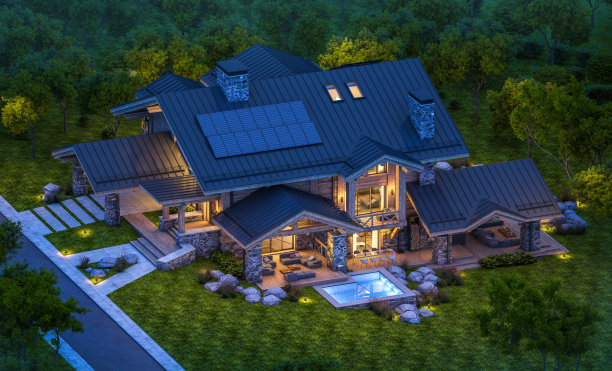 现代舒适的木屋在晚上的3d渲染图片下载