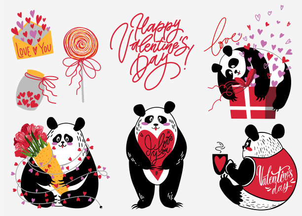 可爱的熊猫收藏与心形礼盒图片下载