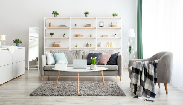 带枕头的灰色沙发、带软毯的扶手椅、笔记本电脑、餐巾纸和桌上的盆栽植物图片下载